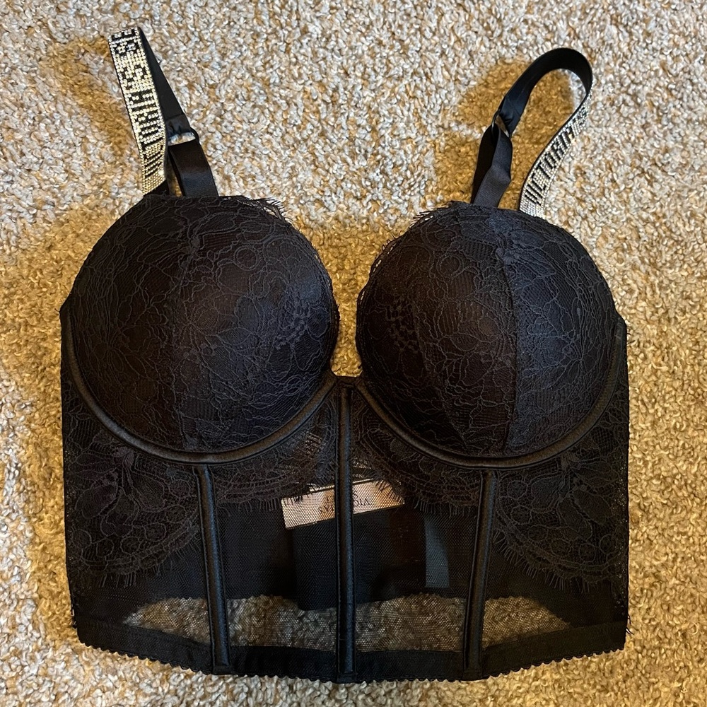 NWT Victorias Secret Bra Corset Black Lace Lingerie 32DD Rhinestone Strap Logo - Picture 1 of 4